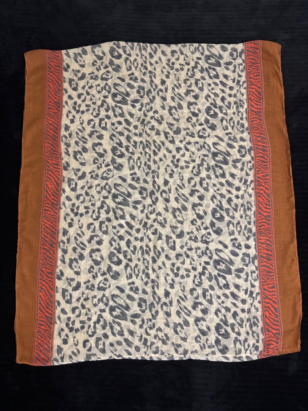 Leopard Print Gauze like  Circular Scarf with Rust Borders 30” x 36”
